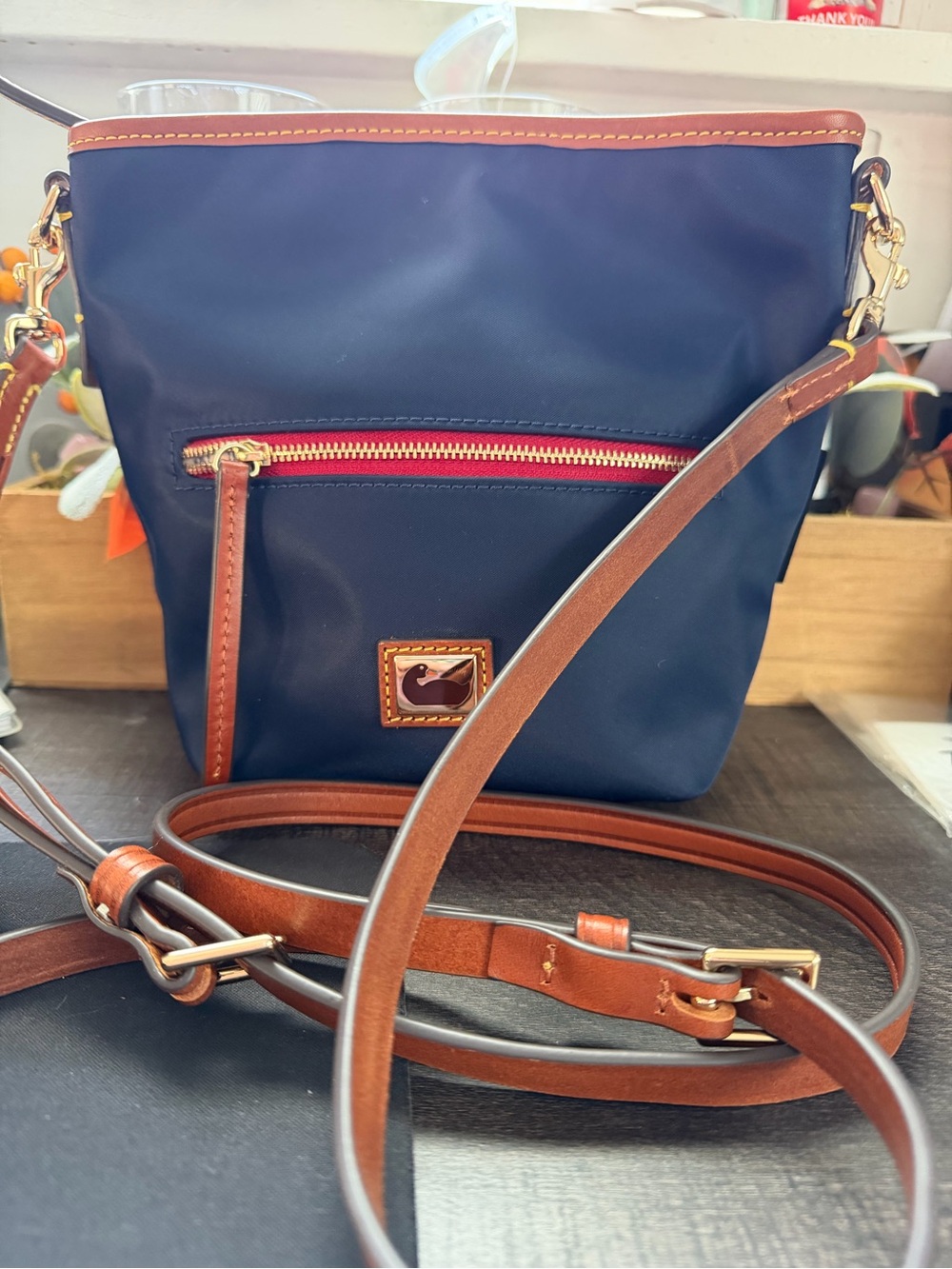 Dooney & Bourke Navy Crossbody with Brown Leather Trim and Red Accent - Picture 5 of 14